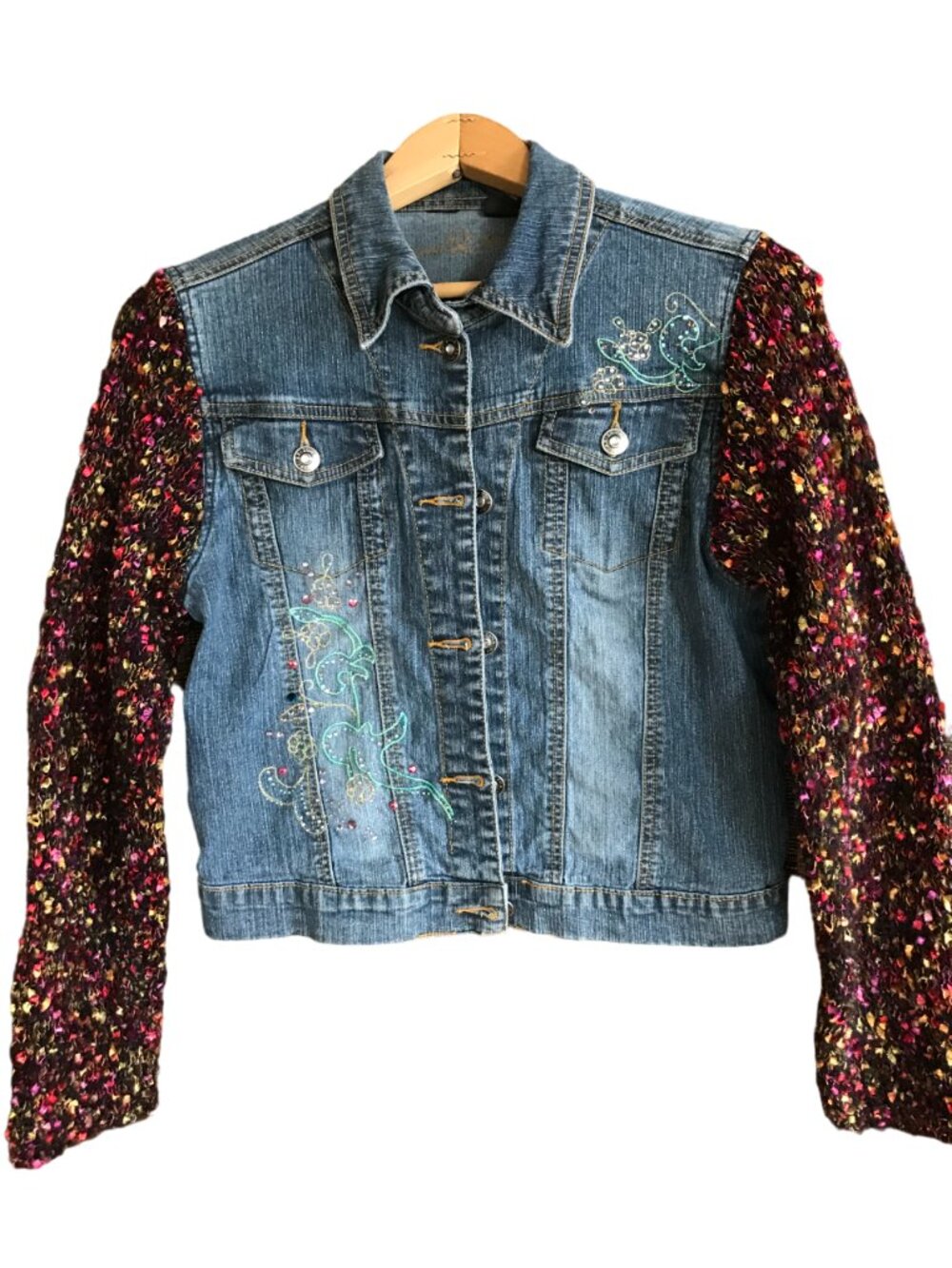 Upcycled Denim Jacket, Embroidered Boho Cropped Jacket, Sweater Sleeves XS to S